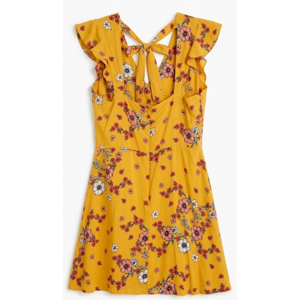 Eyeshadow Floral Mini Dress Women L Mustard Yellow Rayon Ruffle Tie Back